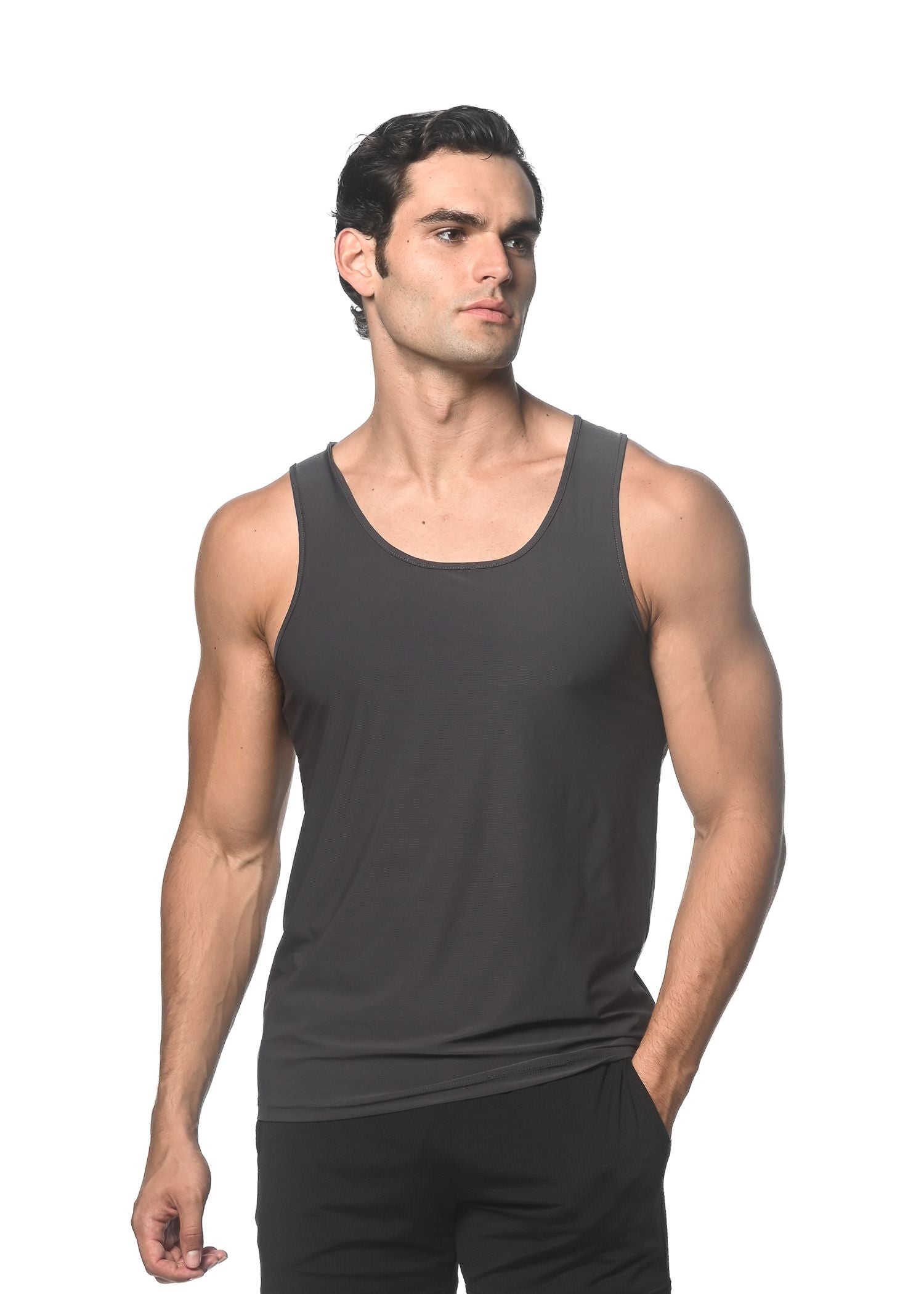 Black textured stretch mesh performance tank with sleeveless fitted design for activewear use