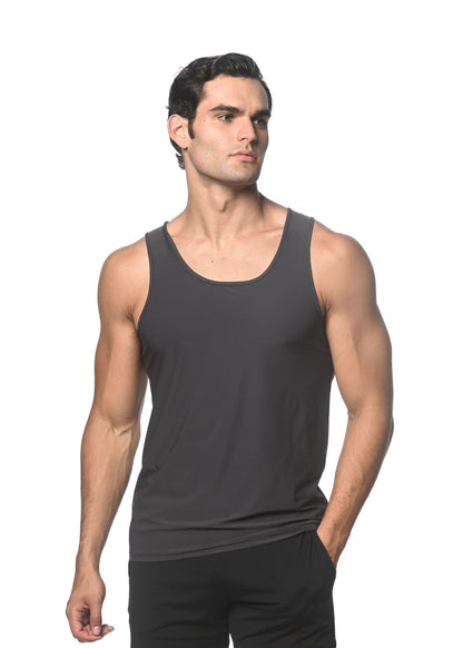 Black textured stretch mesh performance tank with sleeveless fitted design for activewear use