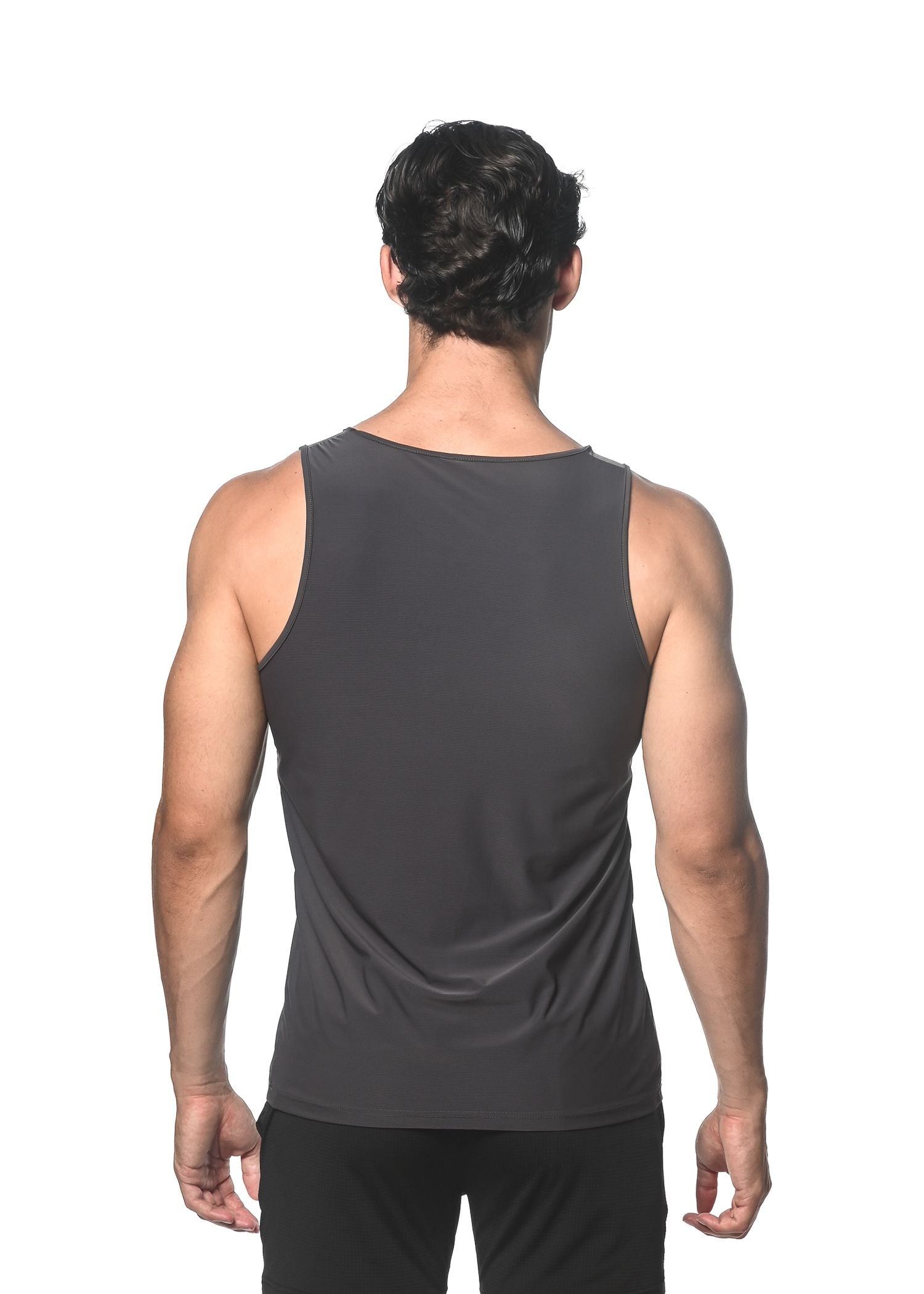 Dark gray sleeveless textured stretch mesh performance tank with smooth form-fitting fabric