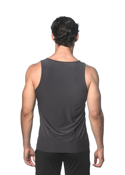 Dark gray sleeveless textured stretch mesh performance tank with smooth form-fitting fabric
