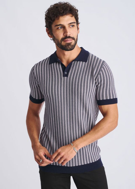 A men’s short-sleeved textured stripes silk tencel polo shirt with vertical gray and white stripes and navy blue collar