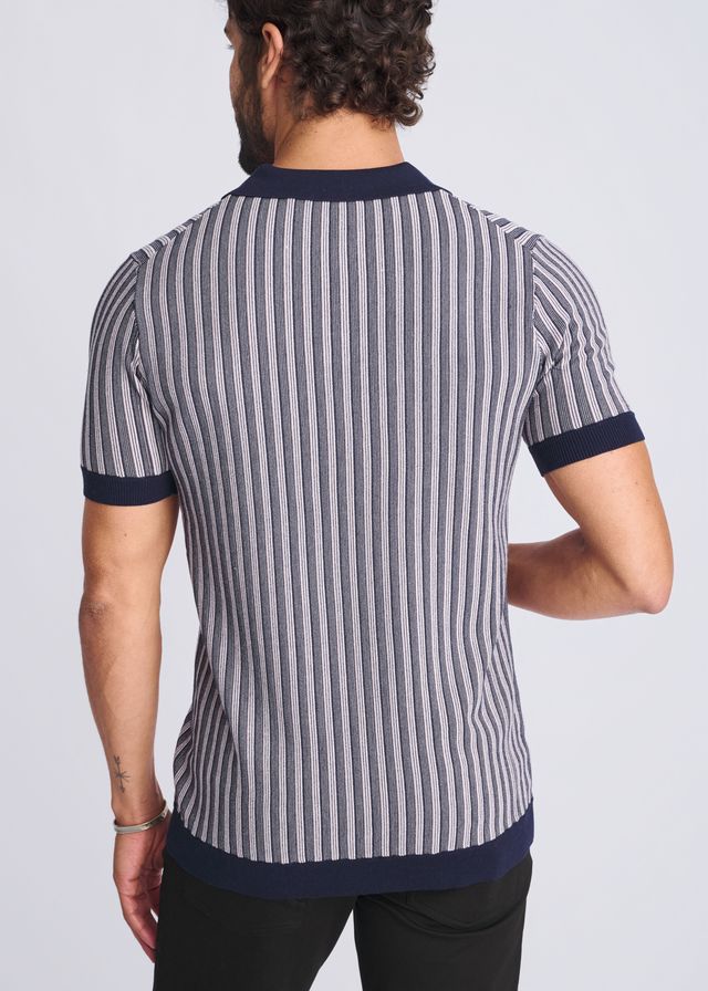 Textured stripes silk tencel polo shirt with navy and gray vertical stripes and ribbed collar sleeve cuffs and hem