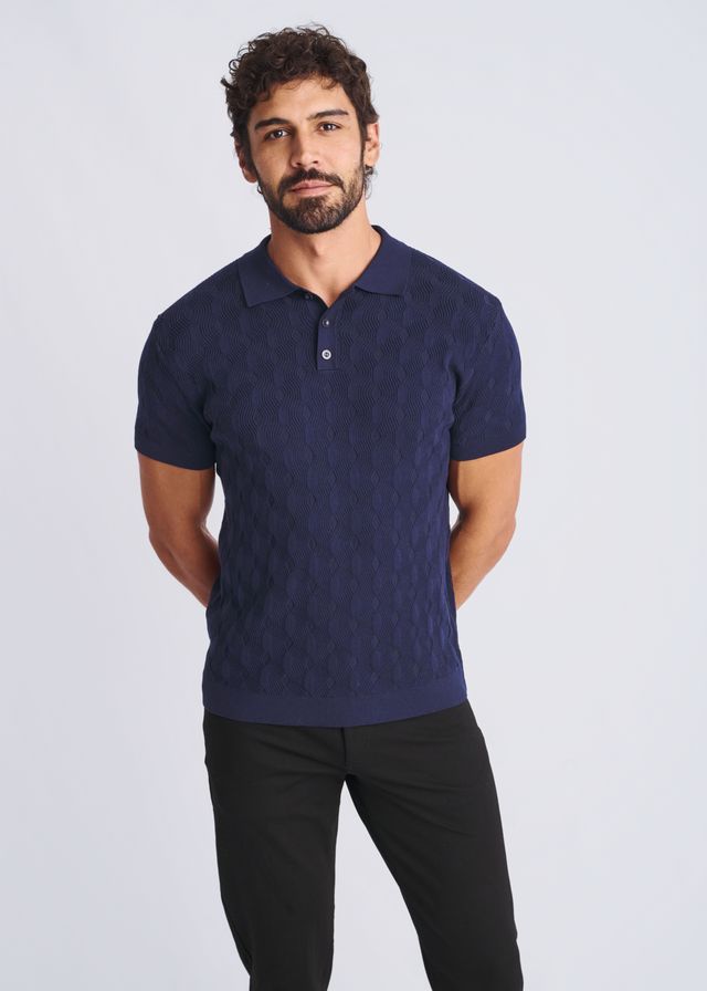 Navy blue textured stripes silk tencel knit polo shirt showcasing a smooth fabric finish and classic collar design