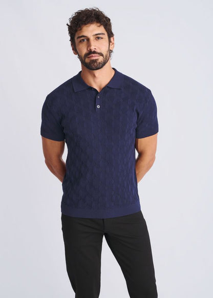 Navy blue textured stripes silk tencel knit polo shirt showcasing a smooth fabric finish and classic collar design
