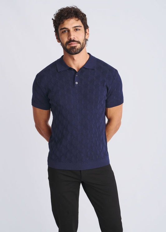 Navy blue textured stripes silk tencel knit polo shirt showcasing a smooth fabric finish and classic collar design