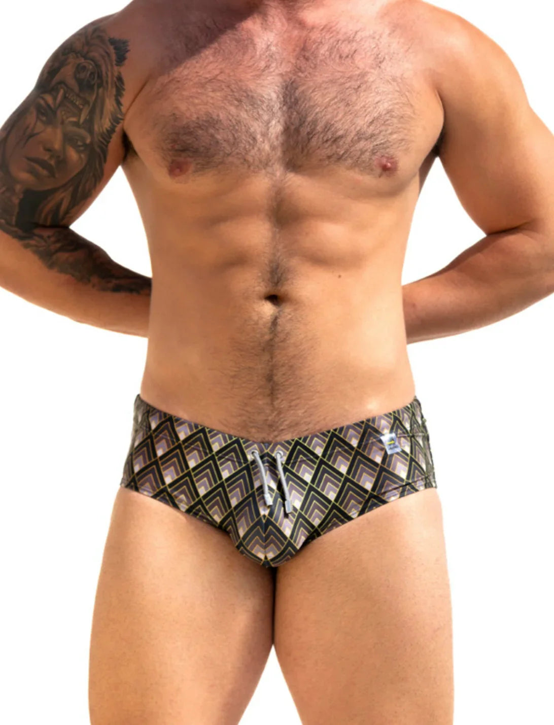 The sparrow swim brief black and gray geometric patterned swim trunks with drawstring waistband for swimming