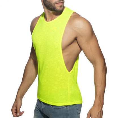Bright neon yellow thin flame low rider sleeveless tank top with distinctive back cutout for active wear