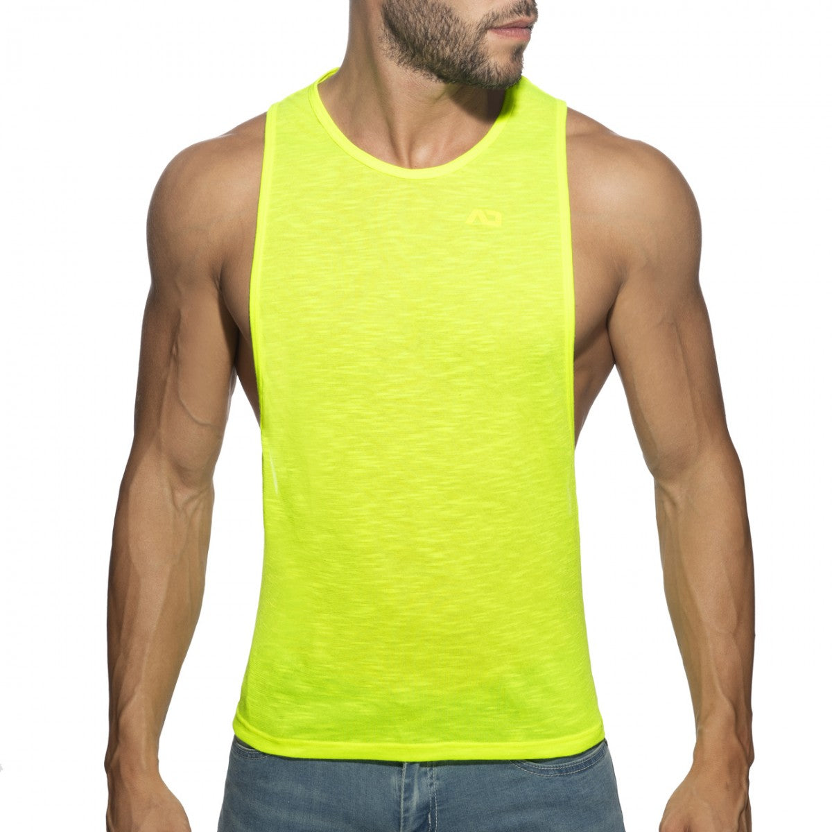 Neon yellow sleeveless athletic tank top thin flame low rider designed for lightweight performance and breathability