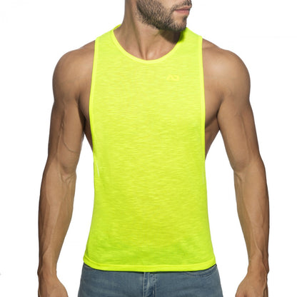 Neon yellow sleeveless athletic tank top thin flame low rider designed for lightweight performance and breathability