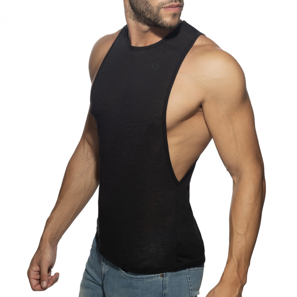 Black sleeveless athletic tank top thin flame low rider with cutout back design for activewear use