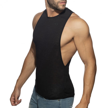 Black sleeveless athletic tank top thin flame low rider with cutout back design for activewear use