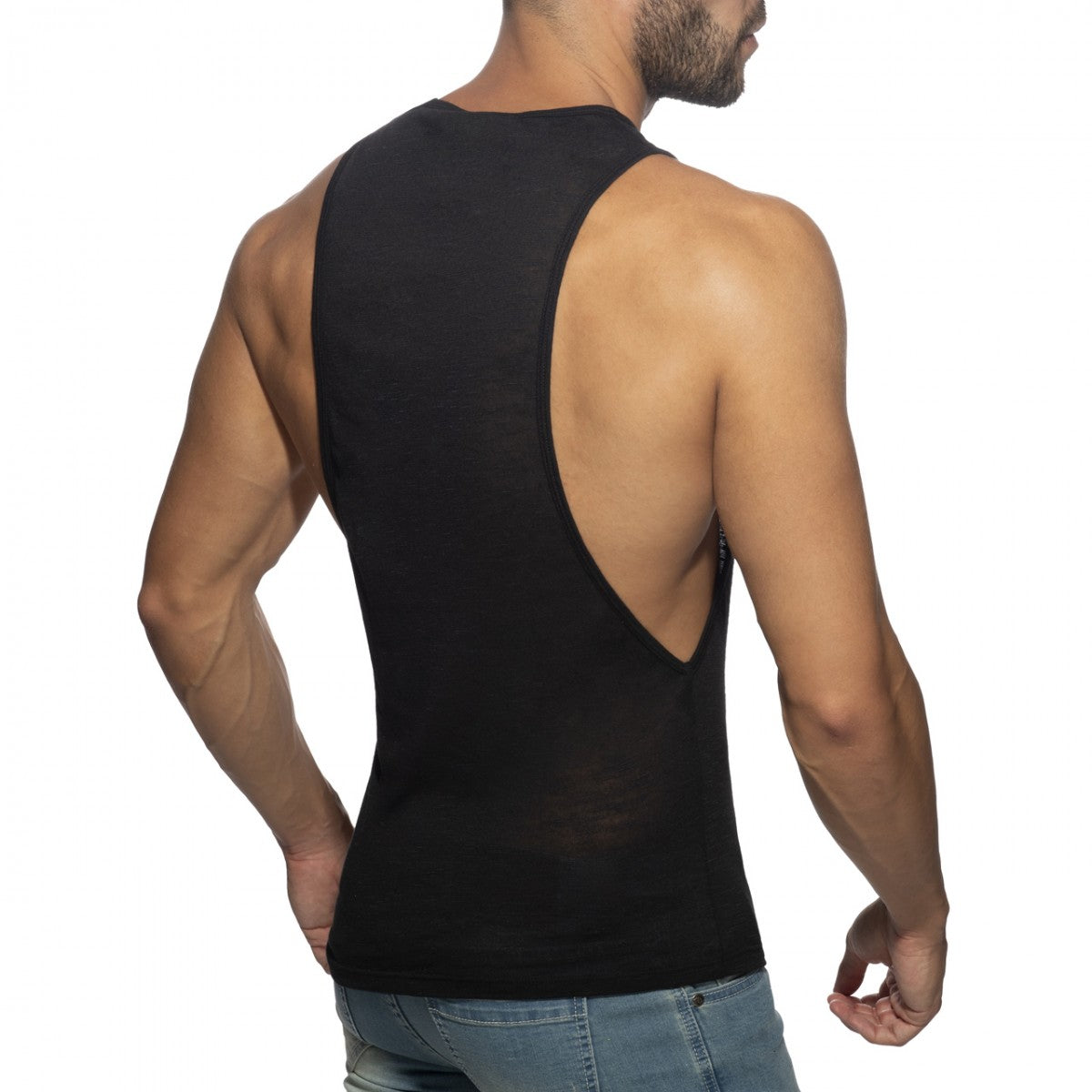 Black sleeveless tank top thin flame low rider with a cutout back design for stylish casual wear