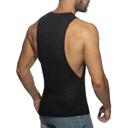 Black sleeveless tank top thin flame low rider with a cutout back design for stylish casual wear