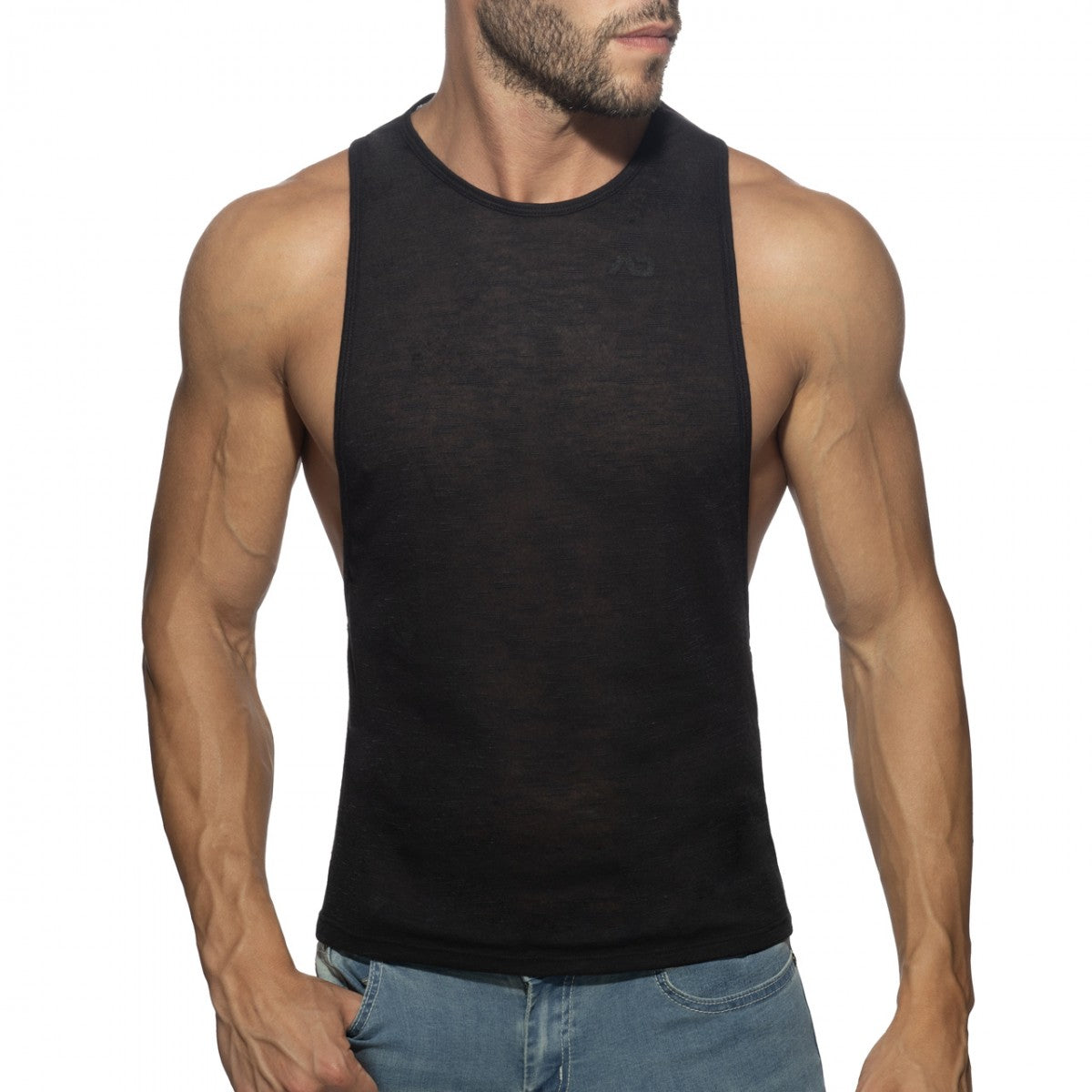 Black sleeveless tank top with round neckline and fitted cut from thin flame low rider collection