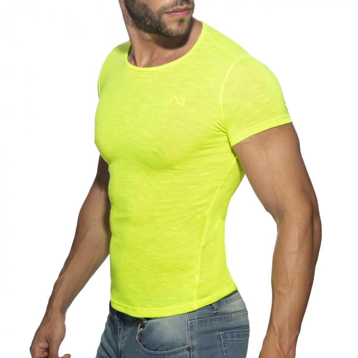 Bright neon yellow thin flame t-shirt with a fitted cut and subtle brand logo on the chest