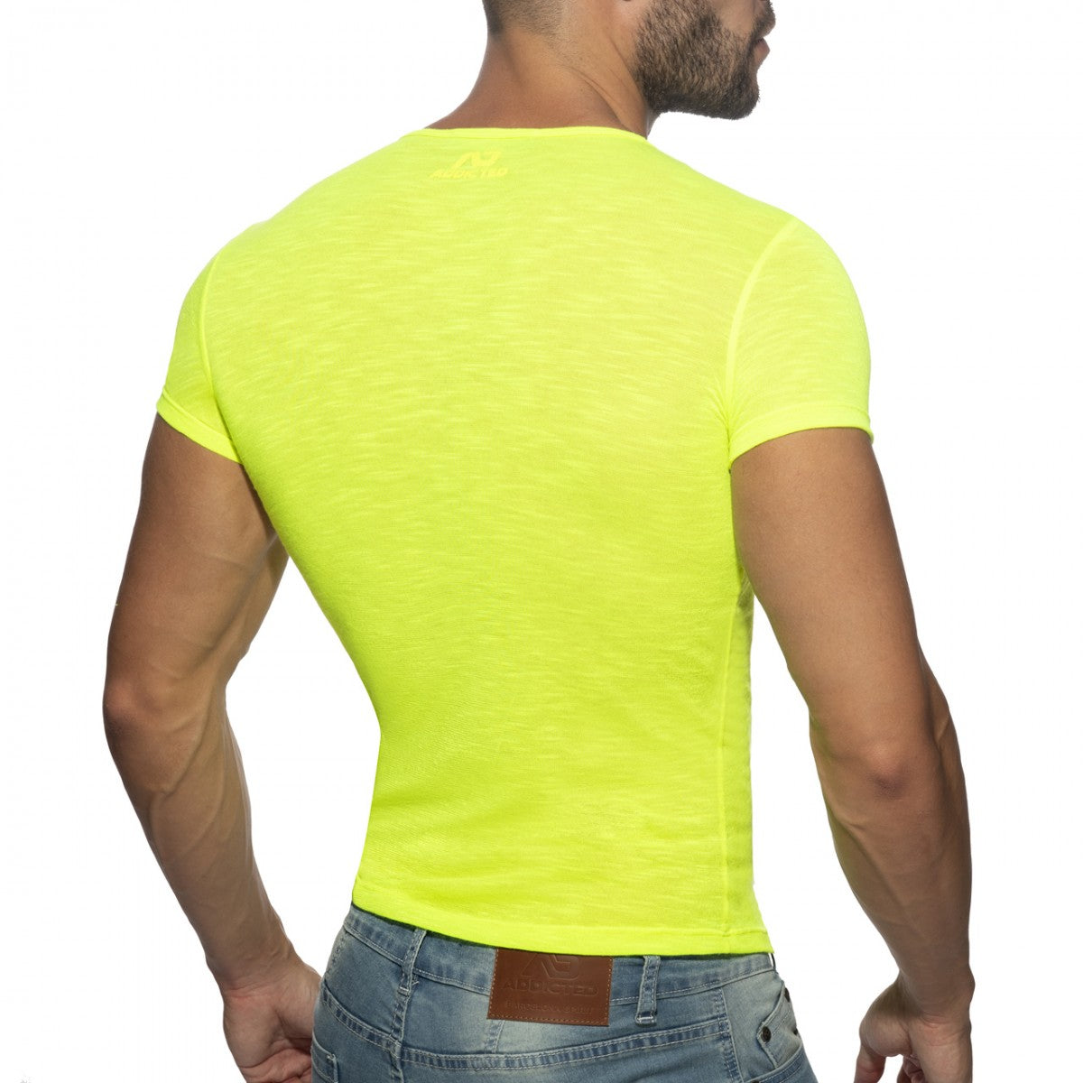 Bright neon yellow short-sleeved men’s fitted thin flame t-shirt made from breathable fabric for casual wear