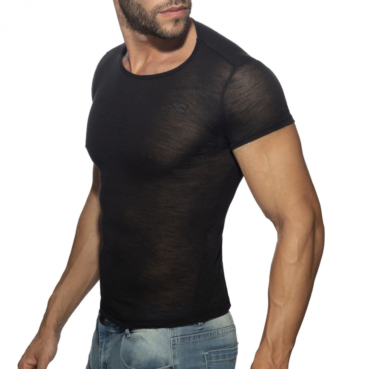 Black sheer mesh short-sleeved thin flame t-shirt with round neckline made from lightweight breathable fabric