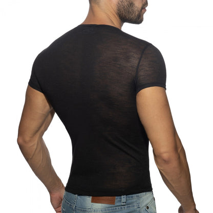 Black sheer short-sleeved t-shirt with fitted design made of lightweight material in thin flame t-shirt style