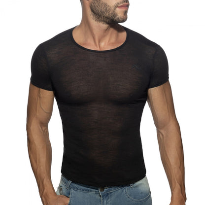 Black sheer mesh thin flame t-shirt with short sleeves and round neckline for lightweight breathable wear