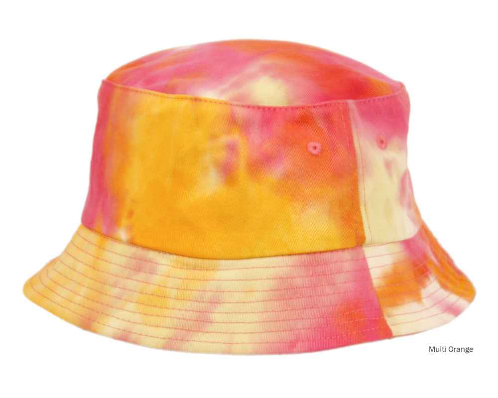 A vibrant multi-orange tie dye bucket hat with soft flowing pattern and subtle stitching details