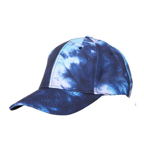 Blue and white tie-dye baseball cap with curved brim made of cotton for casual outdoor wear