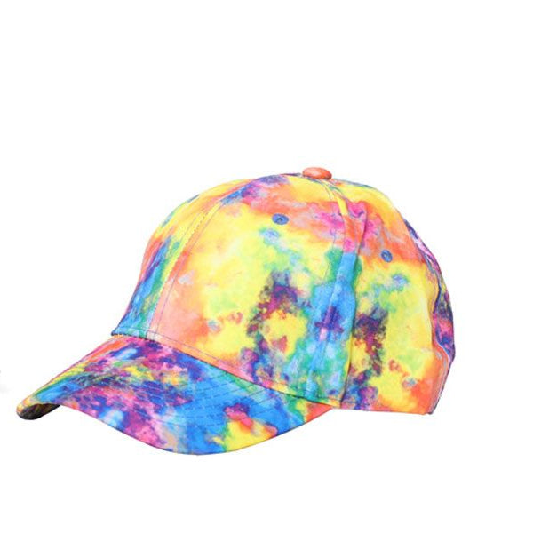 A vibrant tie-dye baseball cap with colorful swirling yellow blue pink and orange fabric pattern