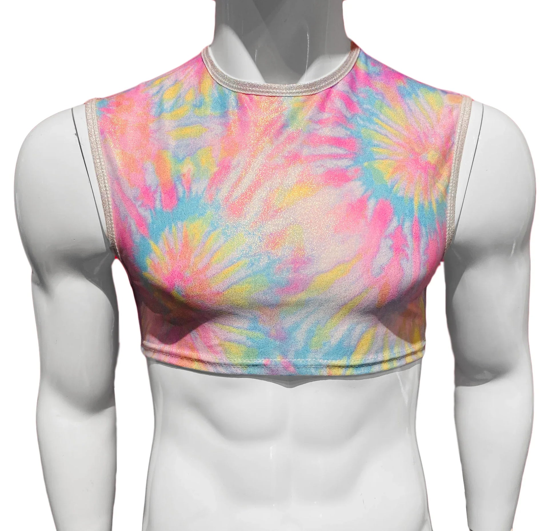 A vibrant sleeveless tie dye crop top featuring colorful shades of pink blue yellow and white perfect for casual wear