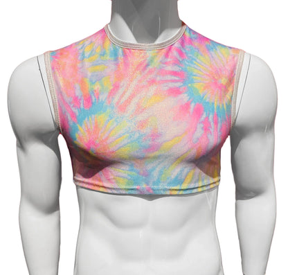 A vibrant sleeveless tie dye crop top featuring colorful shades of pink blue yellow and white perfect for casual wear