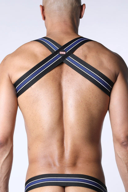 Tighty end elastic harness with black and blue stripes white trim cross-back design and small red cb12 logo front view