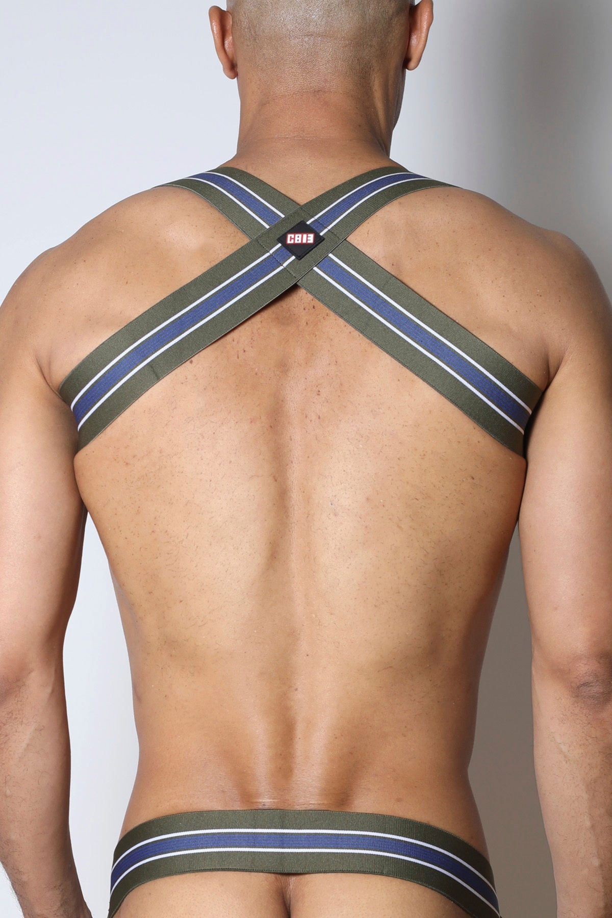 Back view of tight end elastic harness in olive green and navy blue striped fabric with white trim and black logo patch
