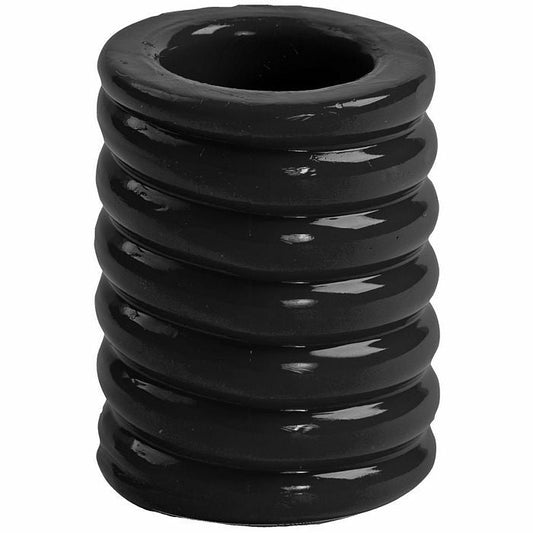 Black cylindrical adult toy with stacked, rounded rings and a glossy finish.