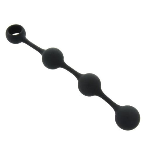 Black silicone anal chain with three graduated spheres and a pull ring.