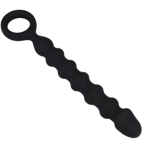 A black novelty item with a ring handle and a long, ribbed shaft of spherical beads ending in a rounded tip.