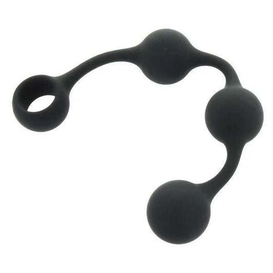 Black silicone weighted anal balls with three spheres and a pull ring.