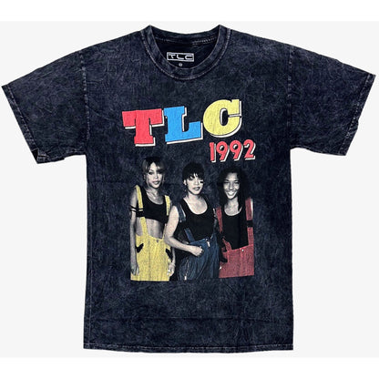 Black distressed cotton t-shirt featuring a vibrant 1992 TLC r&b group graphic with colorful lettering and iconic photo