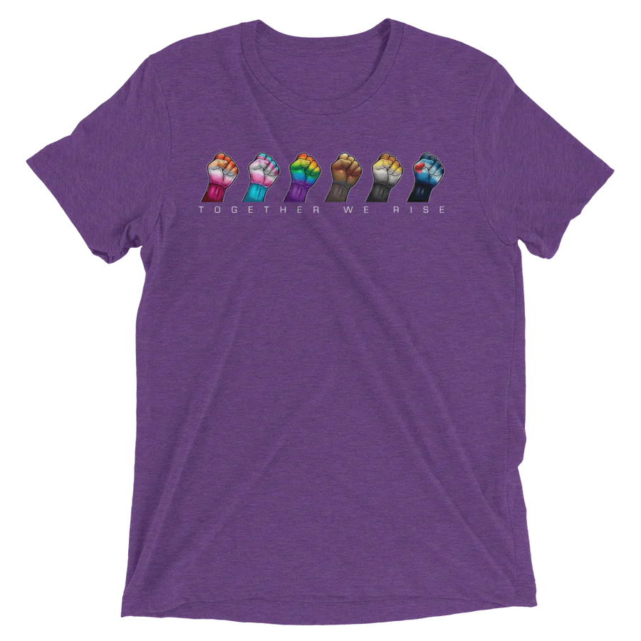 Purple heathered cotton t-shirt featuring five colorful raised fists and the phrase together we rise printed below