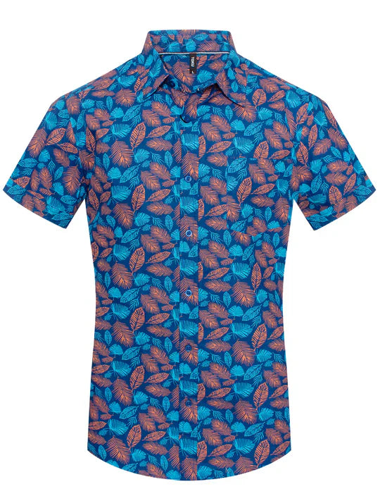 Toku palm print shirt is a vibrant blue short-sleeved button-up featuring rust-colored leaf patterns