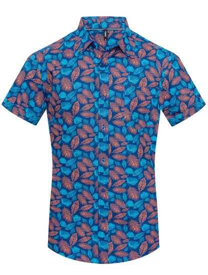 Toku palm print shirt is a vibrant blue short-sleeved button-up featuring rust-colored leaf patterns