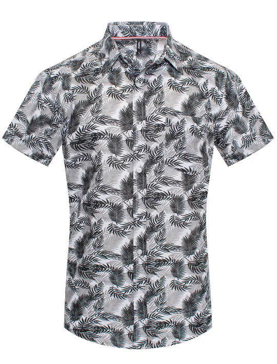 Toku palm print shirt short sleeved button up with black and white tropical leaf pattern on light gray fabric
