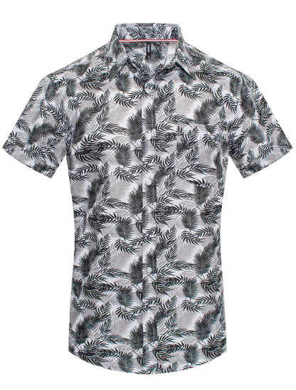Toku palm print shirt short sleeved button up with black and white tropical leaf pattern on light gray fabric