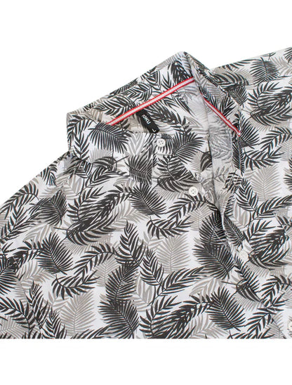White button-up shirt toku palm print shirt with black and gray tropical palm leaf pattern and pink inner collar trim