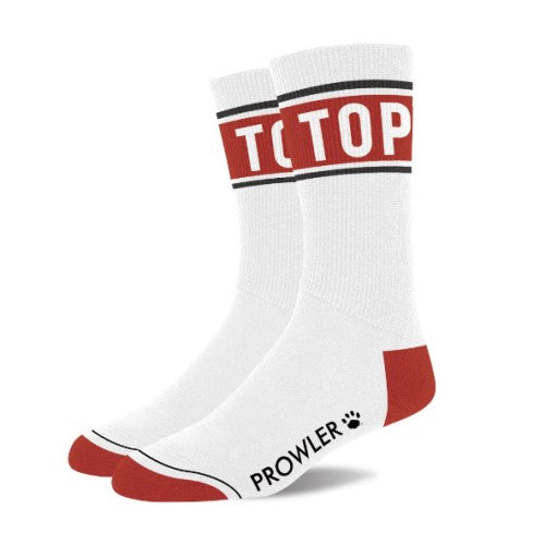 White crew socks with red and black top band red toe and heel accents featuring prowler brand name and paw logo