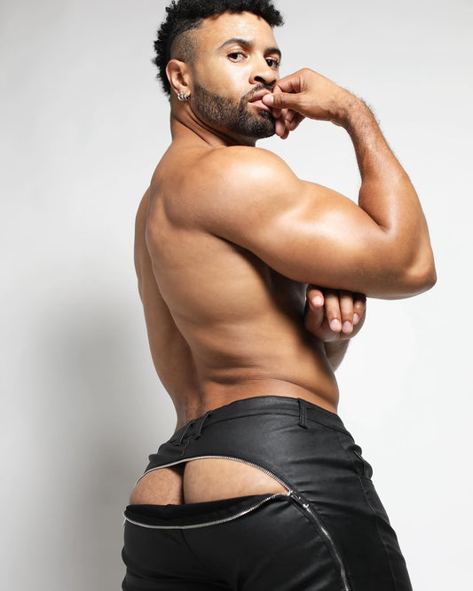 Black leather toro zipper pant shown from the back with a distinctive zipper detail on the rear side
