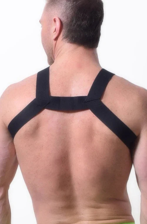 Black elastic strap transistor harness shown from the back for secure wearable support and adjustable fit