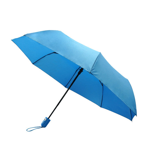 Travel umbrella with a blue compact canopy, sleek black handle, and matching blue grip for easy portability