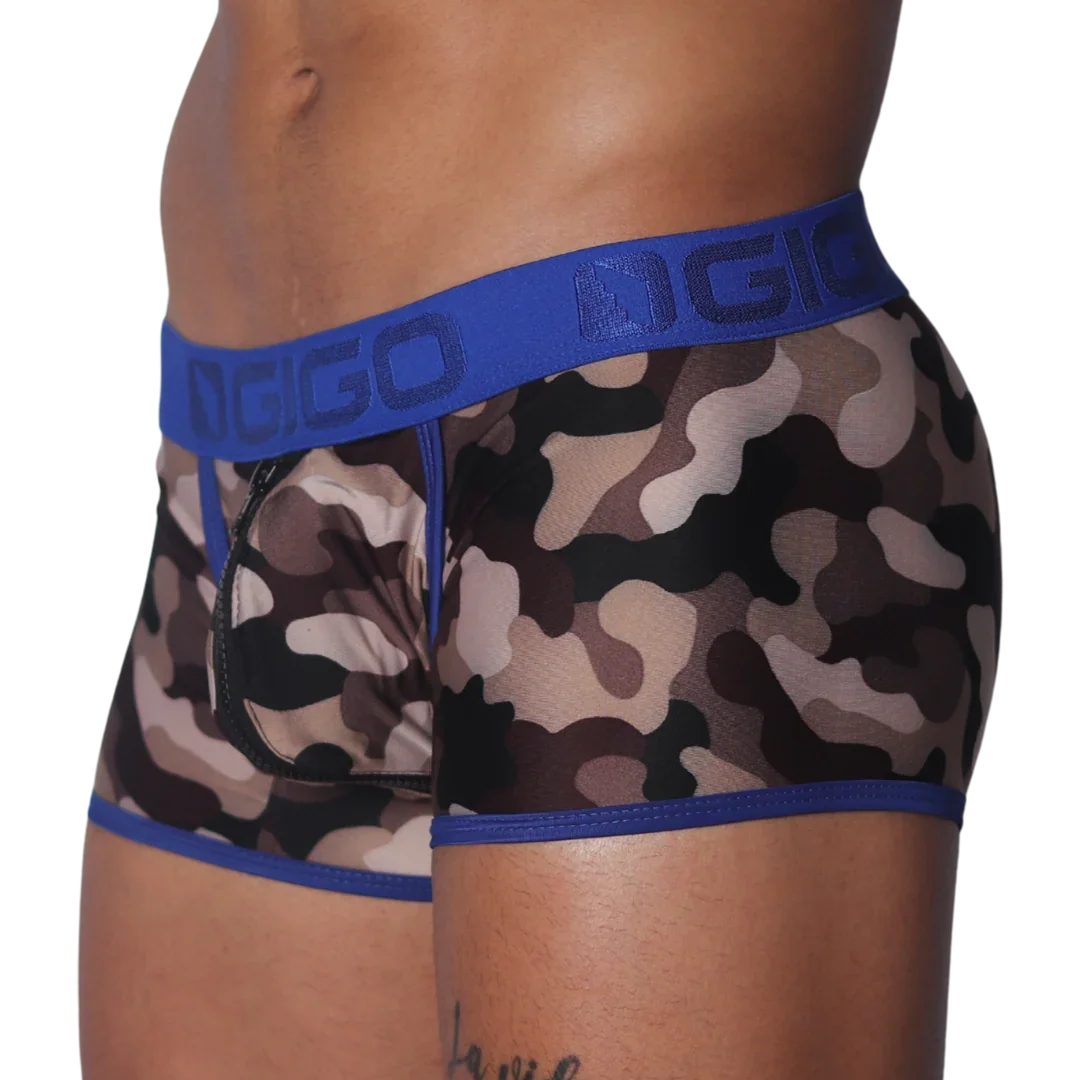 Camo print men's trunk with blue logo waistband, blue trim, and a front zipper detail.