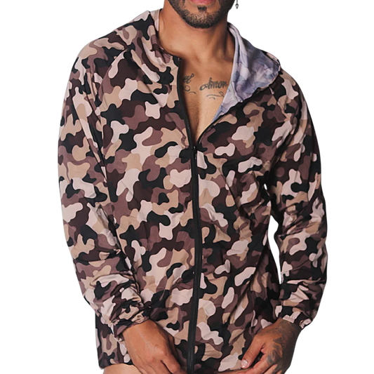 Lightweight camouflage zip-up hoodie jacket in brown and tan tones with a slim fit and elastic cuffs.