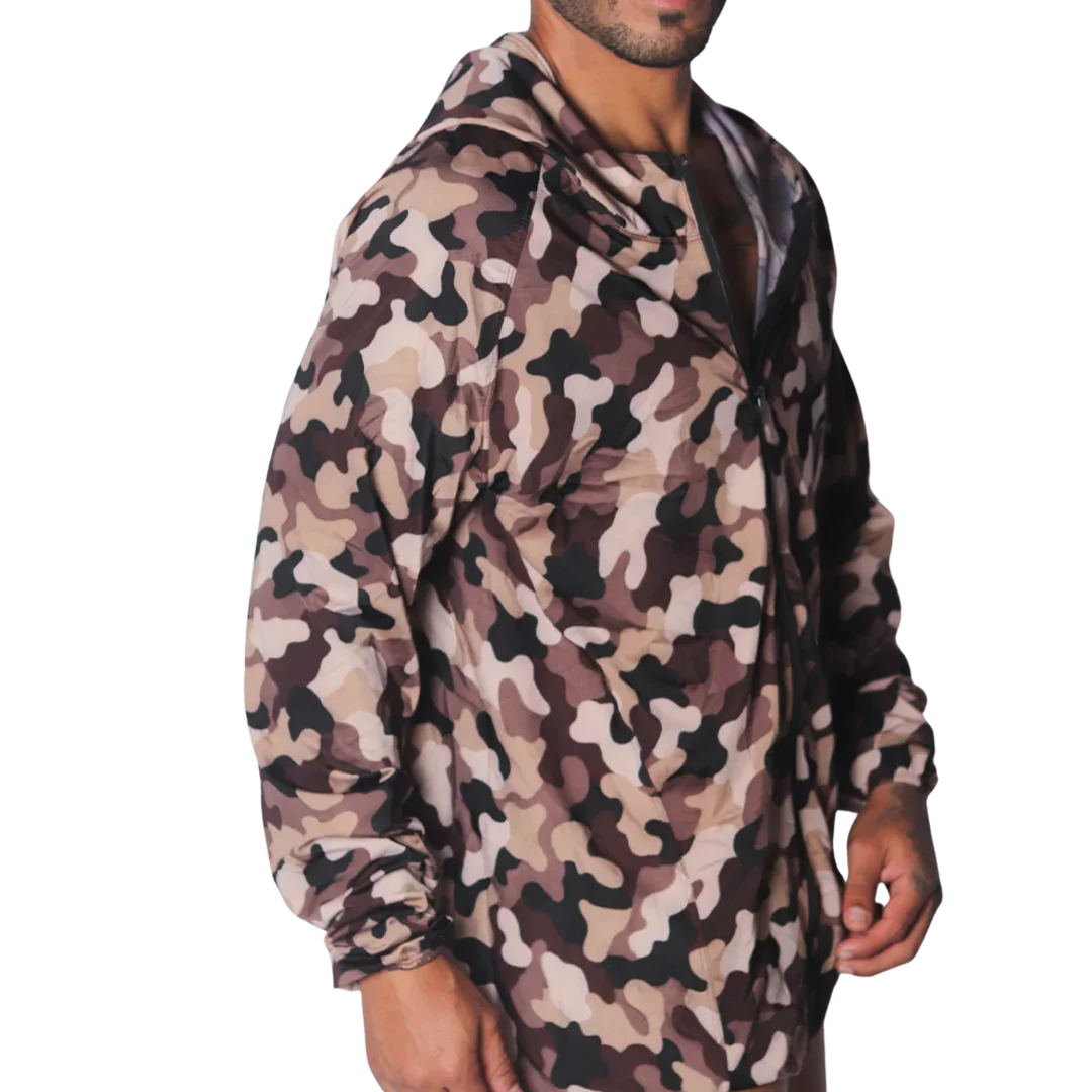 Gigo Trend Jacket in beige and brown camouflage print, featuring a lightweight windbreaker style with a hood and zip.