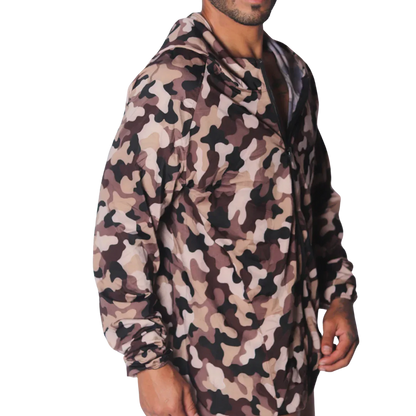 Gigo Trend Jacket in beige and brown camouflage print, featuring a lightweight windbreaker style with a hood and zip.