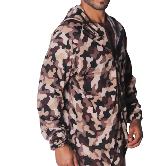 Gigo Trend Jacket in beige and brown camouflage print, featuring a lightweight windbreaker style with a hood and zip.